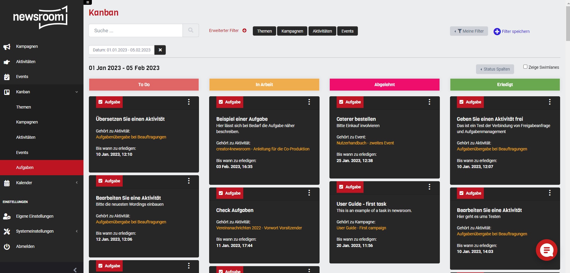 Aufgabenansicht Kanban für Funktionsseite