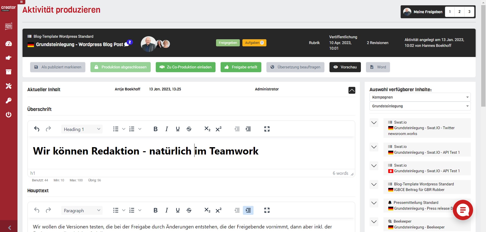 Creator-Templateansicht für Funktionsseite