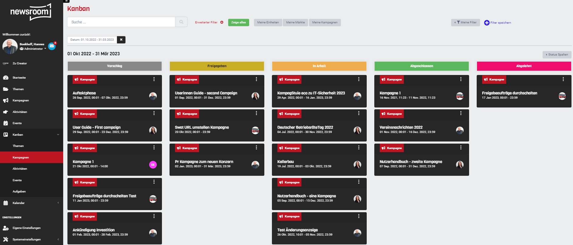 Kanban Kampagnen für Funktionsübersichtsseite
